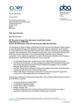 Riverside Energy Park, Belvedere, South East London PINS Reference: EN010093 Section 46 Notification Under the Planning Act 2008 (The 2008 Act)