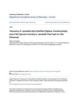 Taxonomy of Janetiella Thymi (Kieffer) (Diptera: Cecidomyiidae) and of the Species Formerly in Janetiella That Feed on Vitis (Vitaceae)