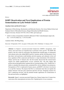 KSHV Reactivation and Novel Implications of Protein Isomerization on Lytic Switch Control