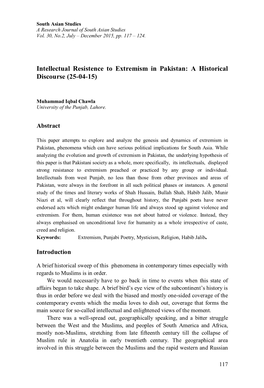 Intellectual Resistence to Extremism in Pakistan: a Historical Discourse (25-04-15)