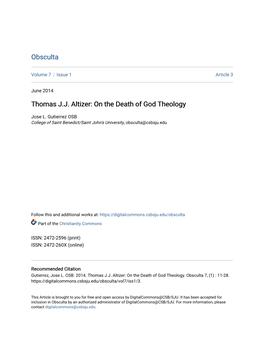 Thomas J.J. Altizer: on the Death of God Theology