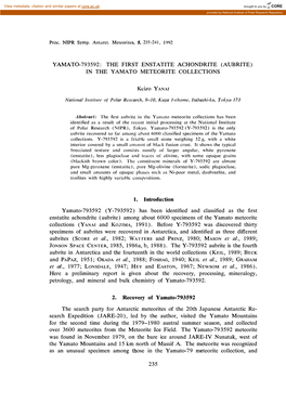 The First Enstatite Achondrite (Aubrite) in the Yamato Meteorite Collections