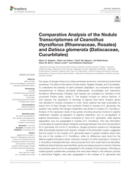 Comparative Analysis of the Nodule Transcriptomes of Ceanothus Thyrsiﬂorus (Rhamnaceae, Rosales) and Datisca Glomerata (Datiscaceae, Cucurbitales)