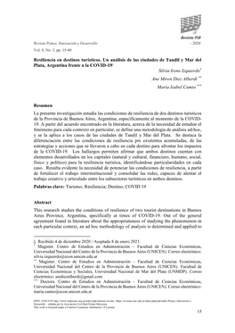Resiliencia En Destinos Turísticos. Un Análisis De Las Ciudades De Tandil Y