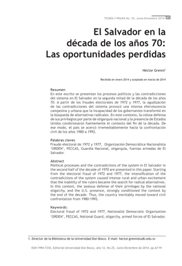 El Salvador En La Década De Los Años 70: Las Oportunidades Perdidas