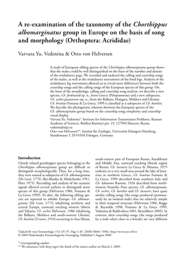 A Re-Examination of the Taxonomy of the Chorthippus Albomarginatus Group in Europe on the Basis of Song and Morphology (Orthoptera: Acrididae)