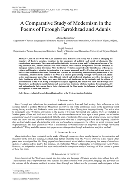 A Comparative Study of Modernism in the Poems of Forough Farrokhzad and Adunis