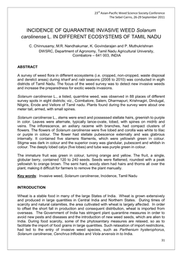 INCIDENCE of QUARANTINE INVASIVE WEED Solanum Carolinense L