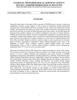 NATIONAL METEOROLOGICAL SERVICES AGENCY TEN DAY AGROMETEOROLOGICAL BULLETIN P.BOX 1090 ADDIS ABABA TEL 512299 FAX 517066 E-Mail Nmsa@Telecom.Net.Et