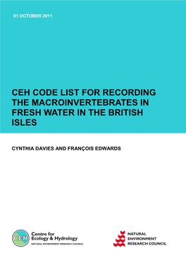 Ceh Code List for Recording the Macroinvertebrates in Fresh Water in the British Isles