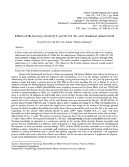 Effects of Memorizing Quran by Heart (Hifz) on Later Academic Achievement