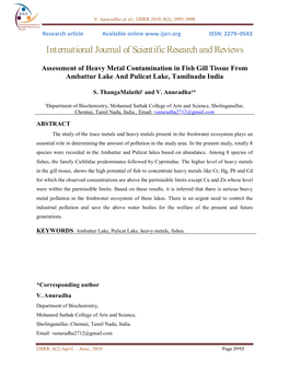 Assessment of Heavy Metal Contamination in Fish Gill Tissue from Ambattur Lake and Pulicat Lake, Tamilnadu India