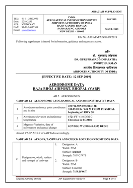 Aerodrome Data Raja Bhoj Airport, Bhopal (Vabp)