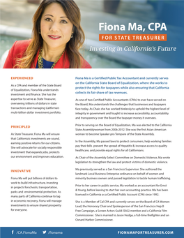 Fiona Ma, CPA for STATE TREASURER Investing in California’S Future