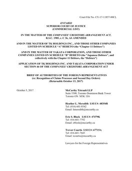 Court File No. CV-17-11857-00CL ONTARIO SUPERIOR COURT of JUSTICE (COMMERCIAL LIST) in the MATTER of the COMPANIES' CREDITORS