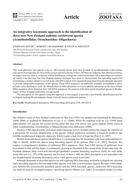 An Integrative Taxonomic Approach to the Identification of Three New New Zealand Endemic Earthworm Species (Acanthodrilidae, Octochaetidae: Oligochaeta)