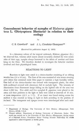 Concealment Behavior of Nymphs of Blaberus Gigan Teus L