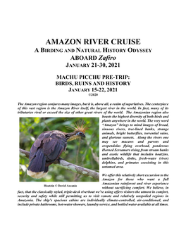 AMAZON RIVER CRUISE a BIRDING and NATURAL HISTORY ODYSSEY ABOARD Zafiro JANUARY 21-30, 2021