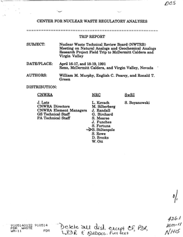 Nuclear Waste Technical Review Board (NWTRB) Meeting on Natural Analogs and Geochemical Analogs Research Project Field Trip to Mcdermitt Caldera and Virgin Valley