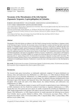 Taxonomy of the Threadsnakes of the Tribe Epictini (Squamata: Serpentes: Leptotyphlopidae) in Colombia