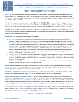 Post-Op Tonsillectomy Instructions