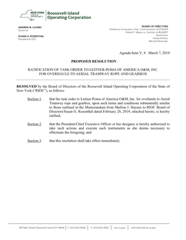 Agenda Item V, 9. March 7, 2019 PROPOSED RESOLUTION RATIFICATION of TASK ORDER to LEITNER-POMA of AMERICA O&M, INC. for OV