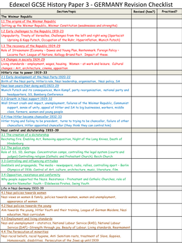 Edexcel GCSE History Paper 3 - GERMANY Revision Checklist Section/Topic Revised (How?) Practised? the Weimar Republic 1.1 the Origins of the Weimar Republic