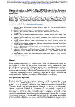 Phylogenetic Pattern of SARS-Cov-2 from COVID-19 Patients from Bosnia and Herzegovina: Lessons Learned to Optimize Future Molecular and Epidemiological Approaches