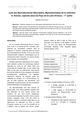 Liste Des Myrmeleontinae (Neuroptera, Myrmeleontidae) De La Collection G. DURAND, Capturés Dans Les Pays De La Loire (France)