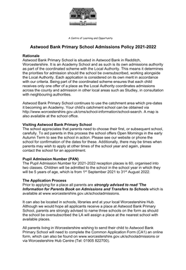 Astwood Bank Primary School Admissions Policy 2021-2022