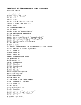 CMPA (Fomerly CFTPA) Signatory Producers 2012 to 2014 Animation up to March 12, 2018