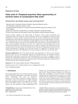 Mass Spectrometry of Picolinyl Esters of Cyclopropene Fatty Acids*