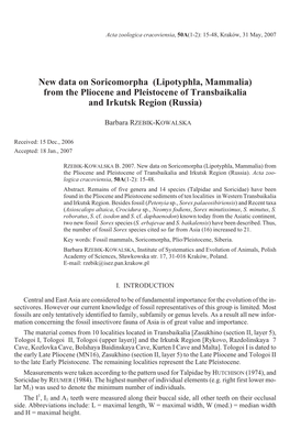 Lipotyphla, Mammalia) from the Pliocene and Pleistocene of Transbaikalia and Irkutsk Region (Russia