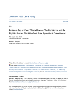 Putting a Gag on Farm Whistleblowers: the Right to Lie and the Right to Reamin Silent Confront State Agricultural Protectionism