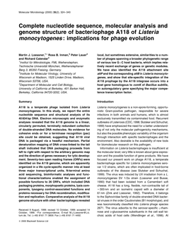 Complete Nucleotide Sequence, Molecular Analysis and Genome Structure of Bacteriophage A118 of Listeria Monocytogenes : Implications for Phage Evolution