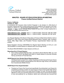 BOARD of EDUCATION REGULAR MEETING Fresno Unified School District
