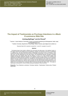 The Impact of Testimonials on Purchase Intentions in a Mock E-Commerce Web Site Avishag Spillinger1 and Avi Parush2