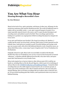 You Are What You Hear Hearing Through a Recordist’S Ears by Jim Metzner