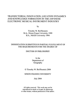 Transectorial Innovation, Location Dynamics and Knowledge Formation in the Japanese Electronic Musical Instrument Industry