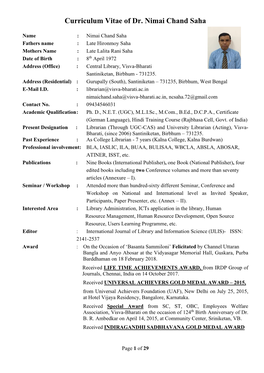 Curriculum Vitae of Dr. Nimai Chand Saha