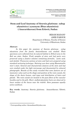 Stem and Leaf Anatomy of Searsia Glutinosa Subsp Abyssinica ( Synonym: Rhus Abyssinica) ( Anacaridaceae) from Erkwit, Sudan