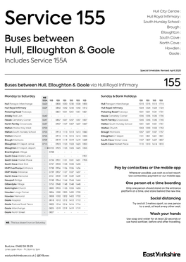 Service 155 Brough : Elloughton : South Cave : Buses Between North Cave : Howden : Hull, Elloughton & Goole Goole : Includes Service 155A