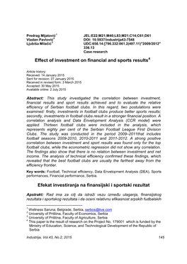 Effect of Investment on Financial and Sports Results Efekat Investiranja Na