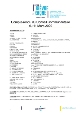 Compte-Rendu Du Conseil Communautaire Du 11 Mars 2020