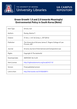 Green Growth 1.0 and 2.0 Towards Meaningful Environmental Policy in South Korea [Note]