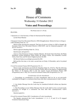 House of Commons Wednesday 31 October 2012 Votes and Proceedings