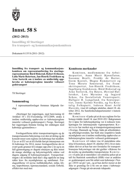 Innst. 58 S (2012–2013) Innstilling Til Stortinget Fra Transport- Og Kommunikasjonskomiteen