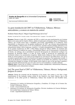 La Gran Inundación Del 2007 En Villahermosa, Tabasco, México: Antecedentes Y Avances En Materia De Control