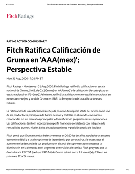 Fitch Rati Ca Cali Cación De Gruma En 'AAA(Mex)'; Perspectiva Estable