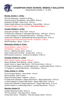 CHAMPION HIGH SCHOOL WEEKLY BULLETIN Weekly Bulletin October 7 - 13, 2019